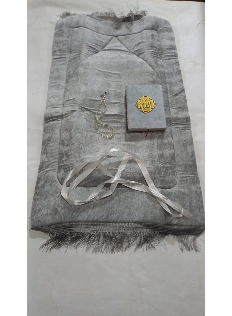 Prayer mat, Quran, and prayer beads set, gray color
